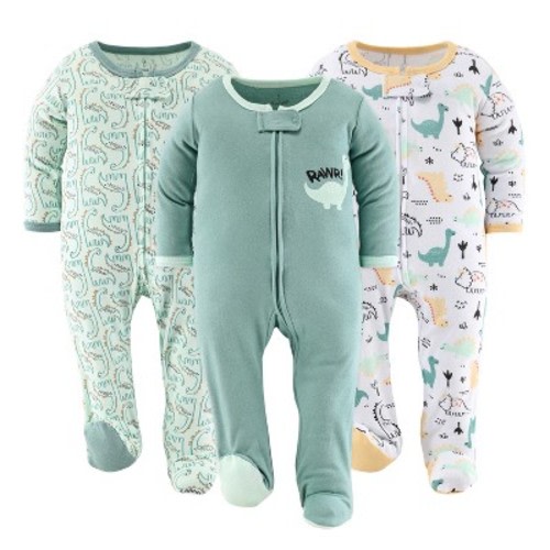 The Peanutshell Green Dino Footed Baby Sleepers for Boys or Girls, 3-Pack, Size: newborn
