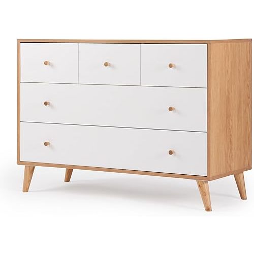 dadada Austin 5-Drawer Dresser - Dresser for Nursery and Kids Room - White Bedroom Dresser - Large, Deep Drawers - Soft Close and Anti Tip - Chest of Drawers Storage (White + Red Oak)