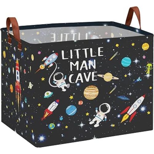 Astronaut Rockets Nursery Laundry Hamper,Space Storage Basket with Inspirational Quotes,Planets Boy Room Decor Shelf Basket ,Rectangular Clothes Book Toy Storage Bin (Black)