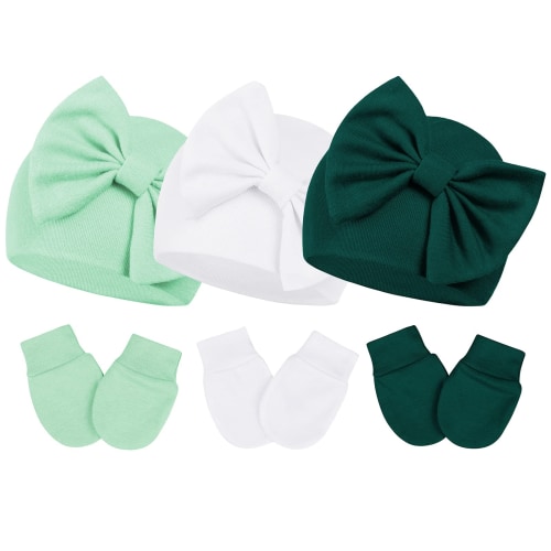 Zando 3Pcs Infant Hat and Gloves Set Soft Newborn Hats for Girls Knit Baby Hat with Bow No Scratch Mittens 0-3 Months