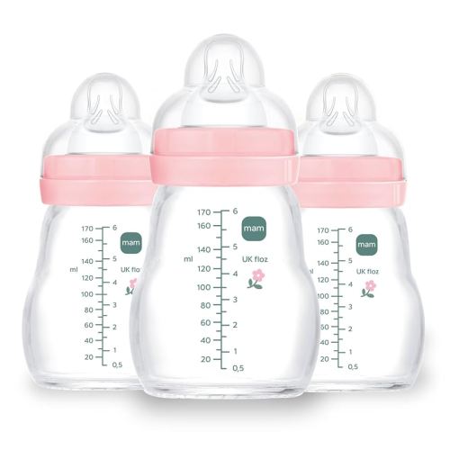 MAM Premium Glass Baby Bottles, Easy Switch Between Breast and Bottle, Feel Good Slow Flow, Newborn Essentials Must Have, 0+ Months, BPA Free, 6oz, Girl, 3 Pack