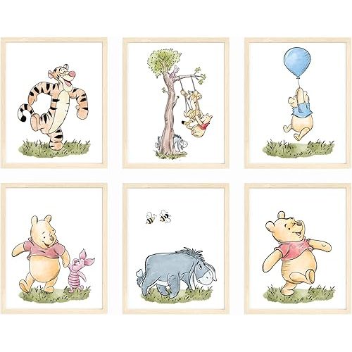 Nistio® Winnie the Pooh Posters, Winnie the PoohKids Wall Art, WoodlandNursery Art Prints for Boys and Girls, Adorable Posters for Baby Room, Unframed Set of 6 (8x10)