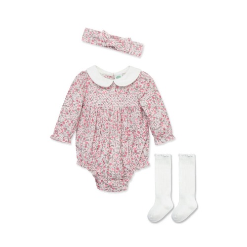 Smocked Bubble Bodysuit, Headband & Socks Set, 3M