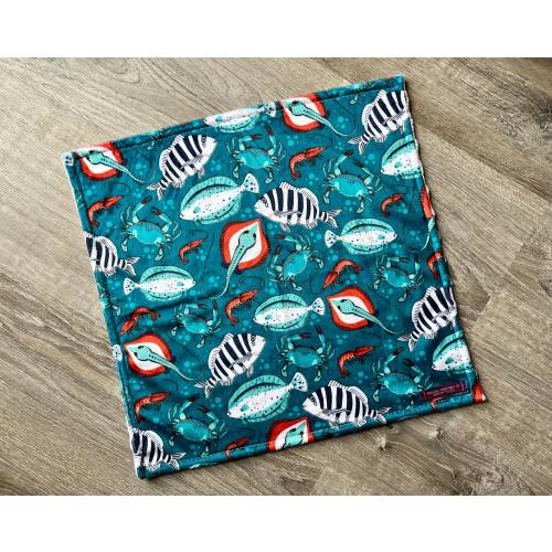 Lovey: GULF of MEXICO. Small minky security blanket for baby or toddler. 17 by 17 in. Alabama, Louisiana, Texas, Mississippi, Florida, fish