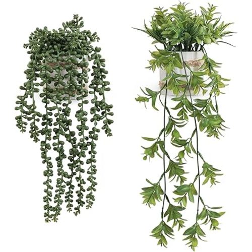Fake Hanging Plants, 2pcs Artificial Potted Greenery Faux Eucalyptus Vine Fern and String of Pearls in Pot for Home Room Wall Shelf Patio Garden Indoor Outdoor Decor