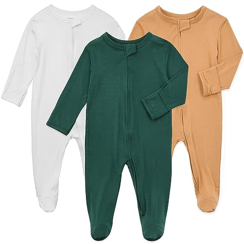 Aablexema Baby Zipper Pajamas Bamboo Rayon, 3pcs Unisex Infant Onesie with Mitten Long Sleeve Footed Pjs