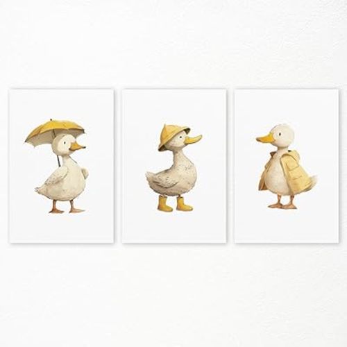 Duck Nursery Canvas Wall Art, Funny White Duck Poster, Adorable Animal Baby Room Print, Cute Yellow Picture Wall Decor for Kids Room, Set of 3 Yellow Rain Gear Duck Art for Playroom 8x12in Unframed