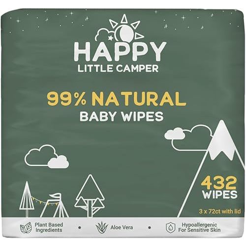 Happy Little Camper Natural Baby Wipes Unscented - Hypoallergenic & Chlorine-Free Wet Wipes with Aloe Vera, Chamomile and Pomegranate Extract - Gentle on Sensitive Skin - 432 Count