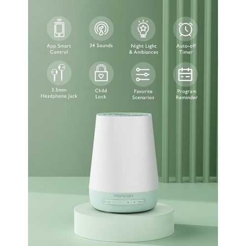 Baby Sound Machine, Momcozy White Noise Machine for Baby Sleeping with Night Light, Toddler Sleep Trainer with 34 Soothing Sounds, Timer, App Remote Control, Personal Sleep Routine(Green)