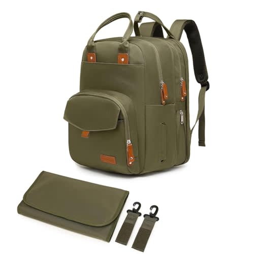 Qualyphant Large Diaper Bag Backpack for Two Kids Twins - Expandable Baby Bag (26-36L), Dual Big Compartments - Includes Changing Pad & Stroller Straps, Unisex Green