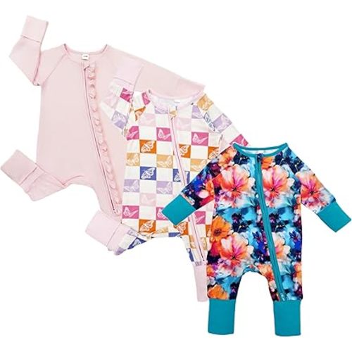 Bow Dream Bamboo Baby Boy Romper Footed Long Sleeve Footies Newborn Girl Clothes Footless with Zipper and Mitten Cuffs