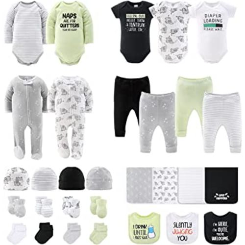 The Peanutshell Newborn Clothes & Accessories Set | 30 Piece Layette Gift Set | Fits Newborn to 3 Months | Elephant & Funny Sayings