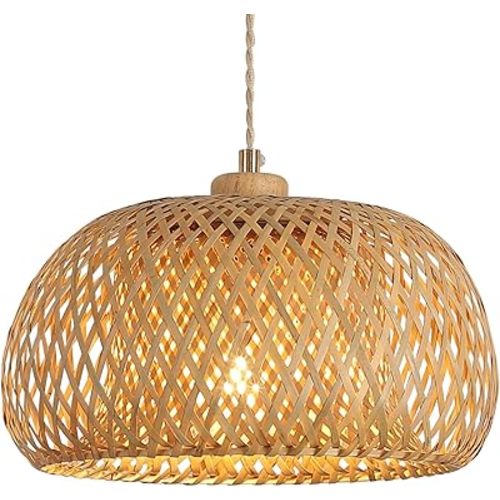 Bamboo Pendant Light Fixture One-Light Adjustable Boho Basket Handmade Woven Pendant Lighting for Kitchen Island Sink Farmhouse Dining Room