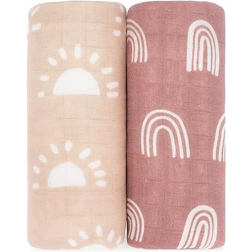 Comfy Cubs 2 Pack Muslin Swaddle Blankets Neutral Receiving Blanket Swaddling, Wrap for Boys and Girls, Baby Essentials, Registry & Gift (Sun and Rainbow)