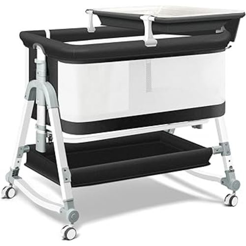 4 in 1 Bedside Bassinet for Baby, Portable Baby Bassinet with Wheels, Baby Crib with Changing Station, Mattress Included and Storage, Foldable Travel Bassinet for Baby/Infant/Newborn - Mesh