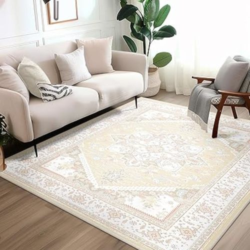 BESTSWEETIE Area Rugs 6x6 Square Rugs, Washable Rugs 6x6 Non Slip Floor Carpet, Low Pile Soft Vintage Rug for Living Room Bedroom Dining Room Indoor-Cream/Light Yellow/Brown/Blue/Red/Pink