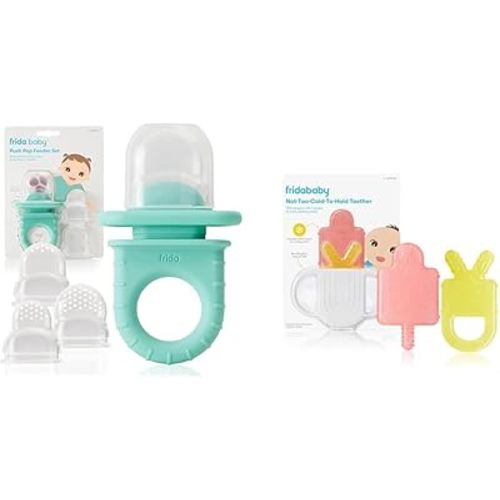 Frida Baby Push Pop Feeder, Baby Fruit Feeder + 4-in-1 Teether Teething Toy 100% Food-Grade Silicone Food Pacifier and Teether Toy for Baby 0-6, 12, 18 Months Infant