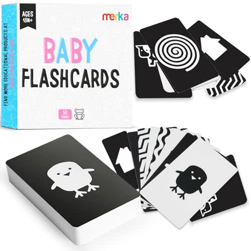 Merka Newborn Toys, Black and White Baby Toys, High Contrast Baby Cards, Set of 50 Black and White Cards for Newborns - for Visual Stimulation and Brain/Sensory Development