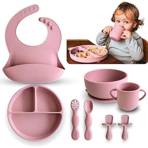 BPA-Free Silicone Baby Feeding Set –Baby Utensils 6-12 Months Complete Baby Led Weaning Supplies Set w/Suction Plate,Bowl,Cup,Bib &Training Spoons,Toddler Utensils,Food Grade Silicone,Dishwasher Safe
