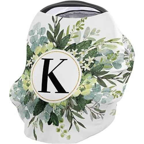 Watercolor Eucalyptus Leaves Car Seat Covers for Babies, Nursing Breastfeeding Covers Stretchy Breathable Baby Carseat Canopy Cover for Girls and Boys Shower Gifts Farmhouse Monogram Letter K