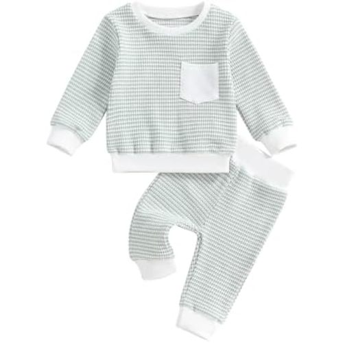 ZAXARRA Baby Boy Fall Clothes Long Sleeve Toddler Boy Waffle Sweatshirt Pullover Tops Pants Infant Fall Winter Outfits