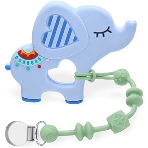 Baby Teething Toys for Babies 0-24 Months, Elephant Teether Pain Relief Toy with One Piece Design Pacifier Clip Holder Set, Freezer Safe Neutral Shower Gift for Boys and Girls (Blue)
