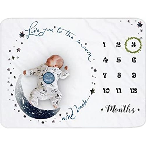 Moon Baby Monthly Milestone Blanket Boy, Newborns Month Blanket Gift for Baby Shower, Soft Plush Photo Prop Blanket for Boy&Girl, Wreath &12 Stickers Included, Large 51''x40''