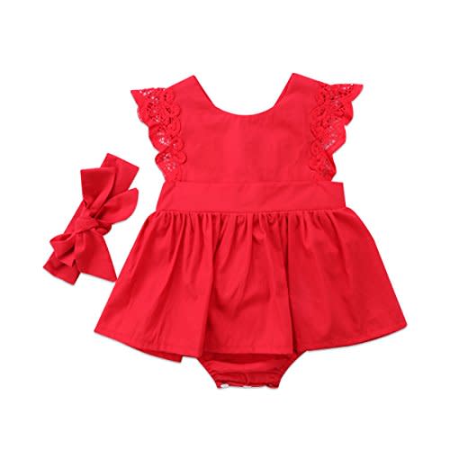 NANCHNEGGU 2PCS Baby Girl Romper Dress Sets Sleeveless Backless Lace Straps Bodysuit Skirt + Headband