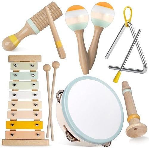 Wooden Toys for Toddlers 1-3,Neutral Colors Percussion Instruments Set with Modern Boho Xylophone for Kids Preschool Educational 3+