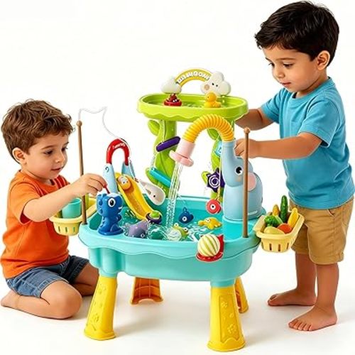 2027 Upgraded Toddlers 1-3 Water Table with Electric Pump, Kids Water Table with Faucet Play Food Accessories Fishing Toy, Kitchen Play Sink Toys for Girl Boy Age 4-8 (Blue)