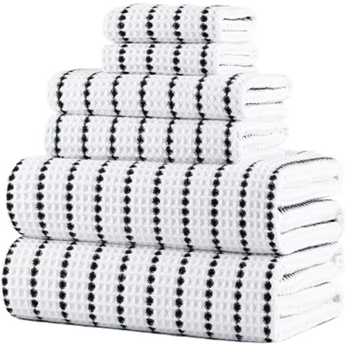POLYTE 430 GSM Poly Blend Microfiber Quick Dry Waffle Bath Towel Set of 6