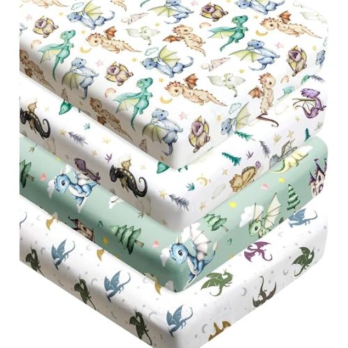4 Pack Dragon Crib Sheets Neutral Unisex Fitted Nursery Baby Sheet Set Toddler Mattress Newborn Bedding Sheets for Baby Boys or Girls (Crib)
