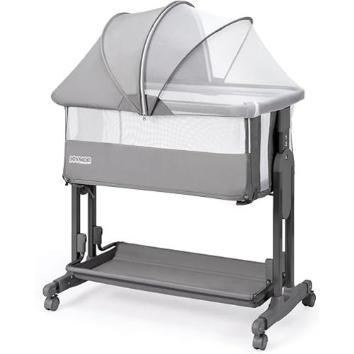 JOYMOR Baby Bassinet Bedside Sleeper, 4 in 1 Rocking Bassinet for Baby, 7 Height Adjustable, Bedside Bed with Wheels Mattress, Mosquito Net, Storage Basket for Infant