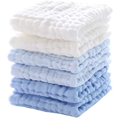 MUKIN Baby Muslin Washcloths - Soft Face Cloths for Newborn, Absorbent Bath Face Towels, Baby Wipes, Burp Cloths or Face Towels, Baby Registry as Shower. Pack of 6 -12x12 inches (Blue)