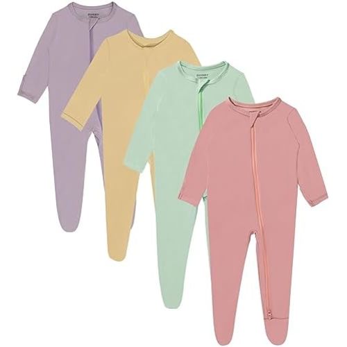 GUISBY Rayon Baby Footed Pajamas with Mitten Cuffs, 2 Way Zipper Long Sleeve Sleepers 4-pack