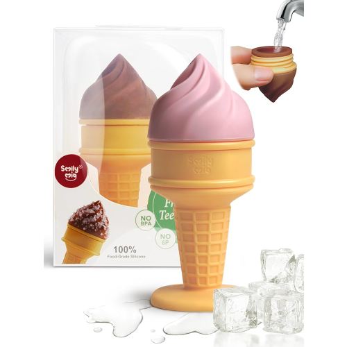 Smily Mia Ice Cream Cone Baby Teething Toys, Water-Filled Freezable Teether for Babies&Infants, Teething Relief for 0-18 Months, Not-Too-Cold-to-Hold Freezer Teether for 3-6 6-12Months, Peach Pink