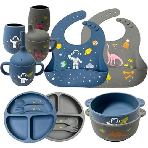 Baby Feeding Set With Plates, Utensils, Adjustable Bib, Suction Bowl, Divided Plate, Straw Cup, First Stage Spoon & Fork