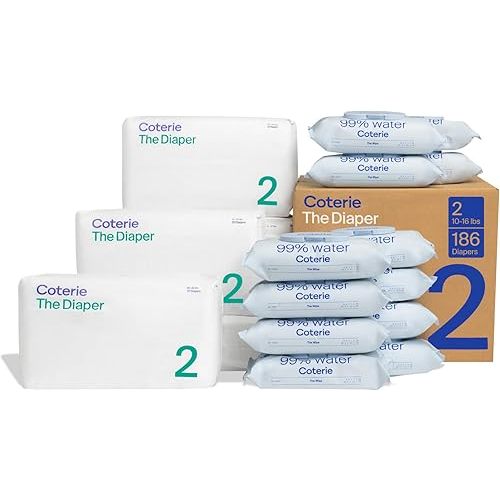 Coterie Baby Diapers + Wipes Baby Kit, Size 2 (186 Count) + 12 Wipe Packs (672 Wipes)