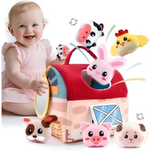 Baby Toys 6-12 Months – Montessori Sensory Barn with Plush Farm Animals, Rattles, Crinkle & Mirror – 1st Birthday Gift or Easter Basket Stuffer for Babies