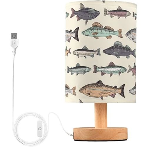 Vintage Fishes Table Lamps Bedside Nightstand Lamp with Flaxen Fabric Shade and Wooden Base with USB (Non-Removable) for Bedroom 5.12x9.7 in