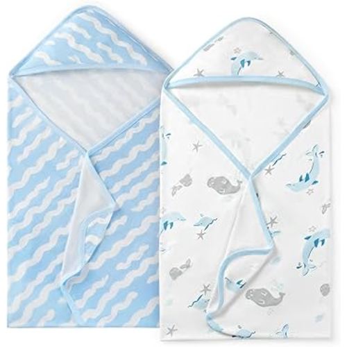 Momcozy Baby Towel with Hooded-Original Design Baby Towel Set -Soft & Absorbent- Shower Gifts or Bath Essential for Infant, Newborn, Toddler, Marine Sea Whale Seal Waves Magic