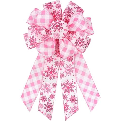 Christmas Bows for Wreaths, Snowflakes Pink and White Christmas Bows Tree Topper, Pink Buffalo Grid Christmas Bow for Front Door Wall Outdoor Christmas Décor Xmas Hanging Ornament