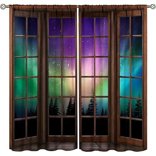 Northern Lights Landscape Curtains Forest Cute Northern Lights Aurora Borealis Curtain with Rod Pocket for Bedroom Living Room Decor Drapes Window Treatments 2 Panels Set 63" W X 72" L
