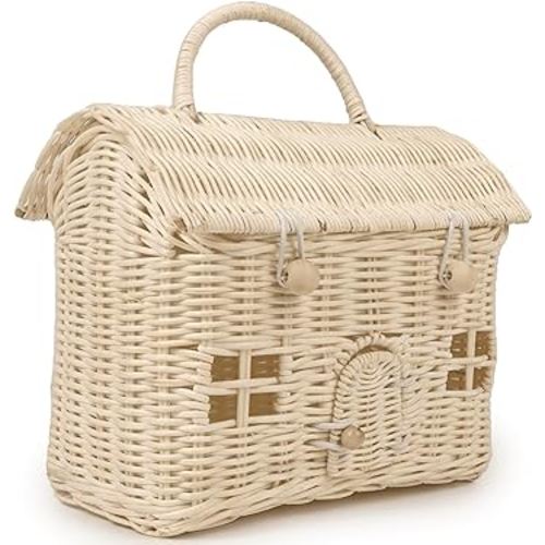 KOLWOVEN Rattan House Storage Basket with Lid - Mouse in a Box House- Small Doll house- Decorative Hand Woven Shelf Organizer Cute Handmade Handcrafted Gift Decoration Artwork Wicker (Natural)