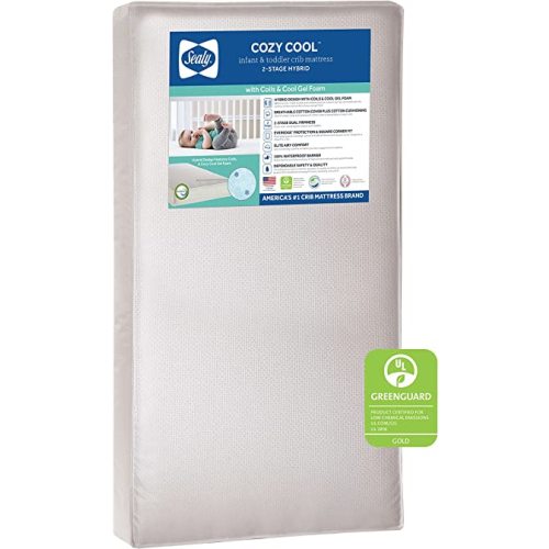 Sealy Baby Cozy Cool 2-Stage Dual Firmness Waterproof Baby Crib Mattress & Toddler Bed Mattress, Hypoallergenic Cool Gel, 204 Premium Coils, Cool Cotton Cover, Air Quality Certified - Made in USA, 52"x28"