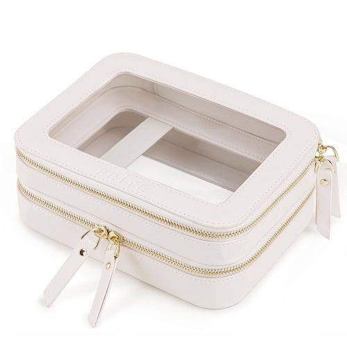 Prite Double Layer Makeup Bag for Women Portable Clear Makeup Bag Cute Waterproof Travel Cosmetic Bag with Gold Zipper for Car Essentials(Beige)