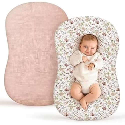 Termichy Baby Lounger Covers Muslin: Soft and Breathable Slipcover for Snuggle Me Lounger - Machine Washable & Zipper-Free for Safe Daily Use - Pink Floral for Girls