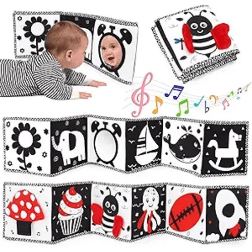 Black and White High Contrast Toys for Baby 0-3 3-6 months Infant Tummy Time Soft Book Sensory Musical Toy 0-2-4-6 month Babies Brain Development Crinkle Book Mirror Newborn Shower Gifts Boys Girls