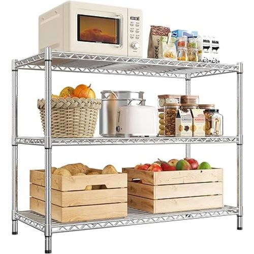 3- Shelf Metal Shelving Unit 35.6Wx14Dx36H,Adjustable Storage Shelves Heavy Duty Garage Steel Shelving for Office,Wire Rack Small Shelf for Kitchen Shelves Laundry Bathroom Pantry Closet,Chrome