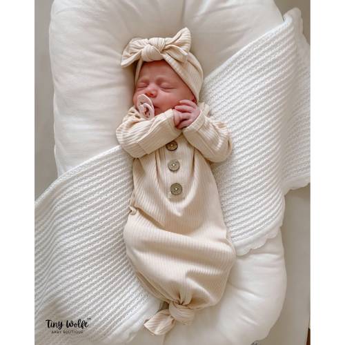 Knotted Baby Gown and BOW, BEIGE Ribbed Cotton Gown, Baby Girl Clothes, Newborn Coming Home Outfit, Infant Gown, Baby Shower Gift